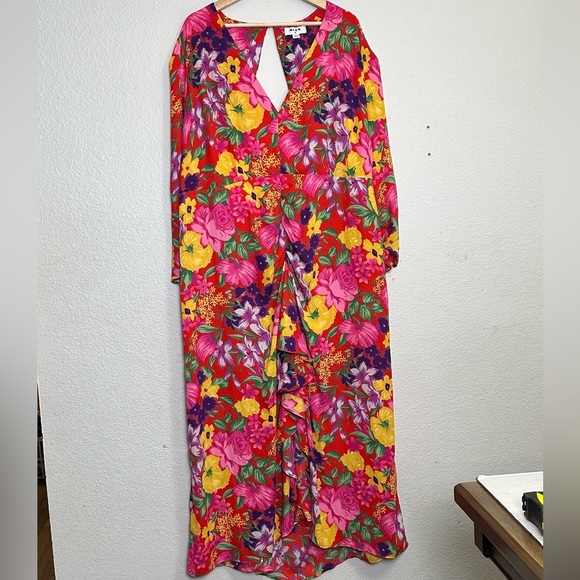 Rixo Target Pink Floral Open Back Cascade Ruffle Dress Womens Plus Size 20W/22W - Picture 2 of 14